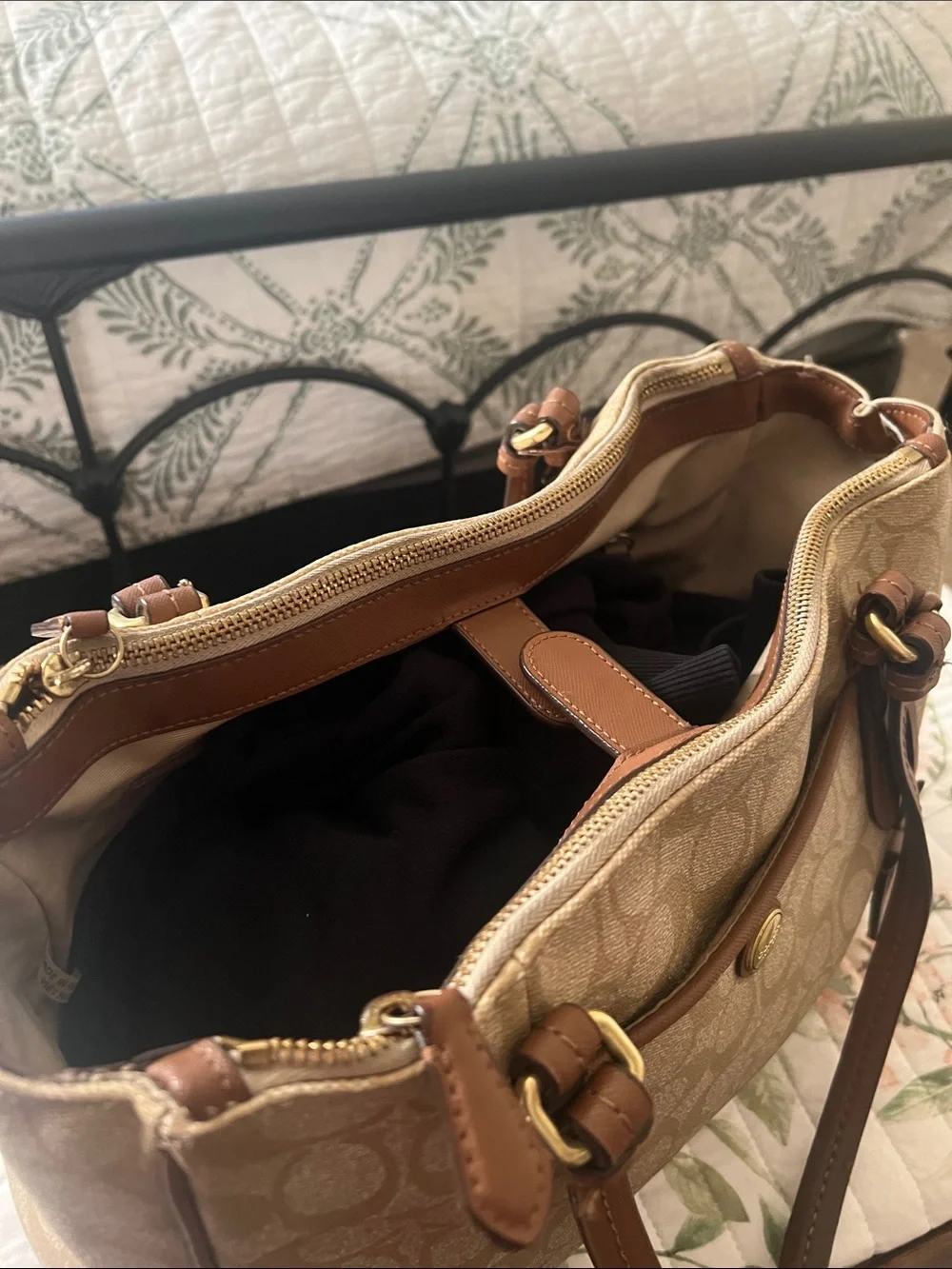 Coach Peyton Khaki and Brown Signature Jordan Double Zip Carry All Tote